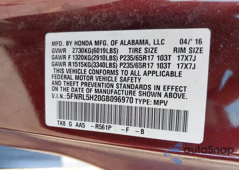 2016 Honda Odyssey Lx z USA, uszkodzony, nr VIN 5FNRL5H20GB096970